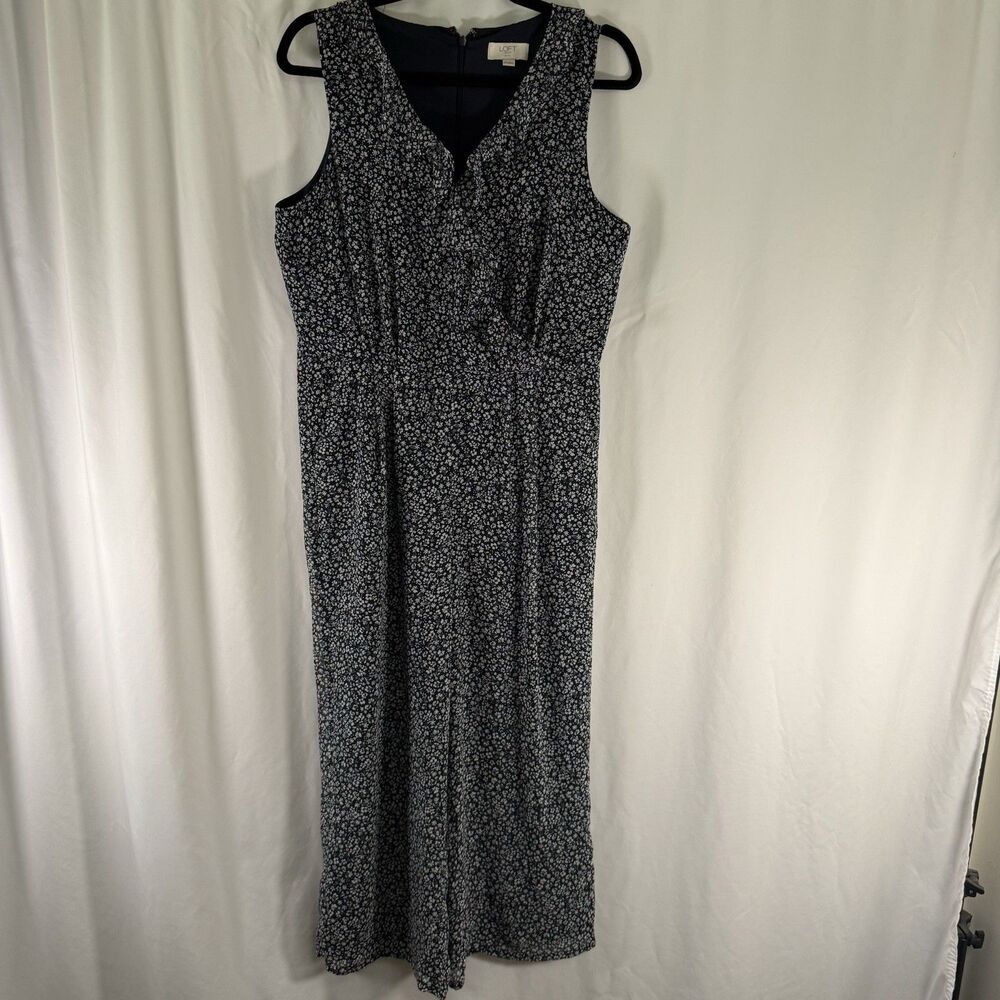 Loft Jumpsuit Women's 10 Petite Blue White Floral Sleeveless Ruffle Trim Pockets